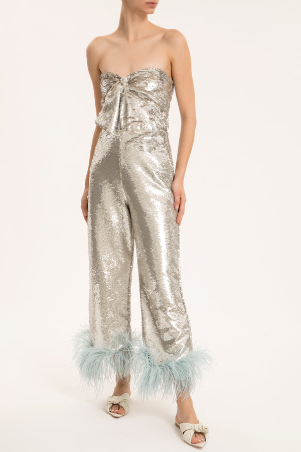 Adriana Degreas Sequins Wide-Leg Pants With Feathers