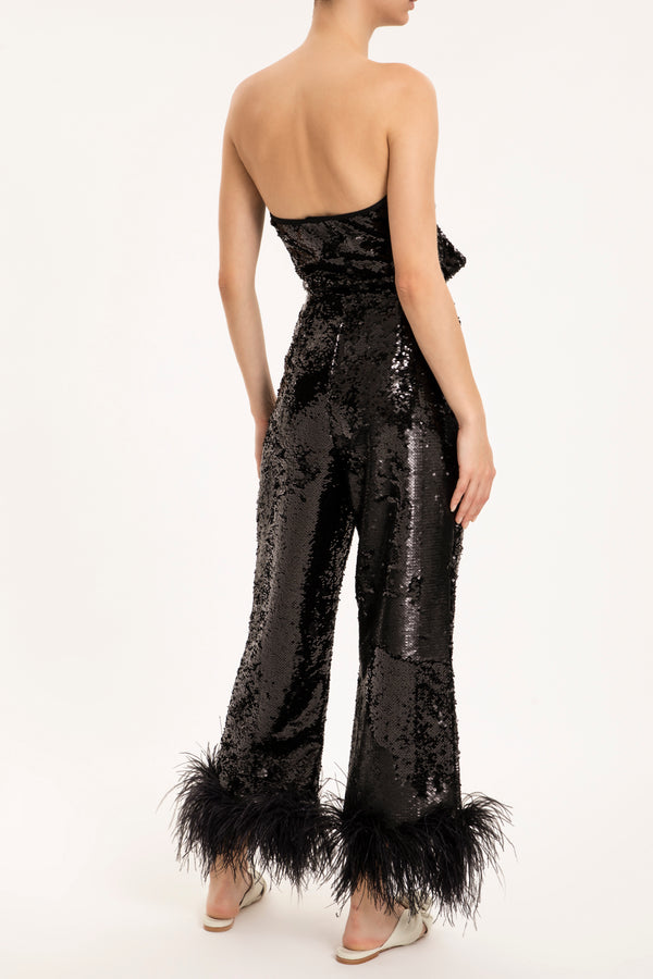 Adriana Degreas Sequins Wide-Leg Pants With Feathers