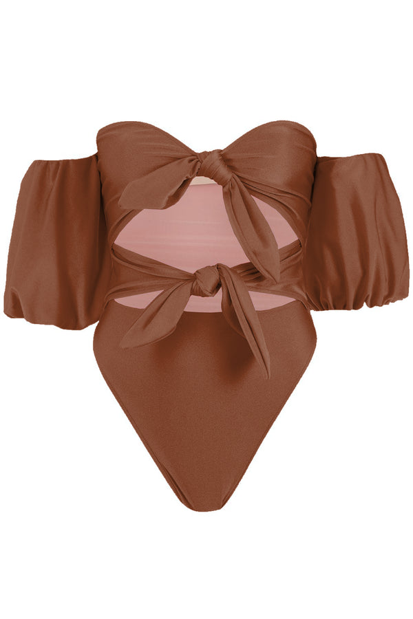 Adriana Degreas Solid Carre Vintage Puff-Sleeved Swimsuit With Double Knot