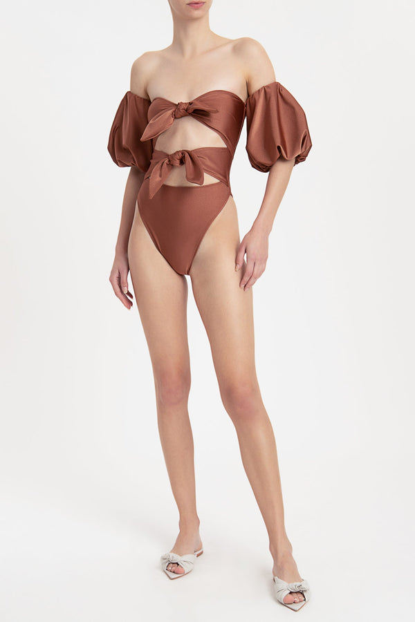 adriana degreas Solid Carre Vintage Puff-Sleeved Swimsuit With Double Knot