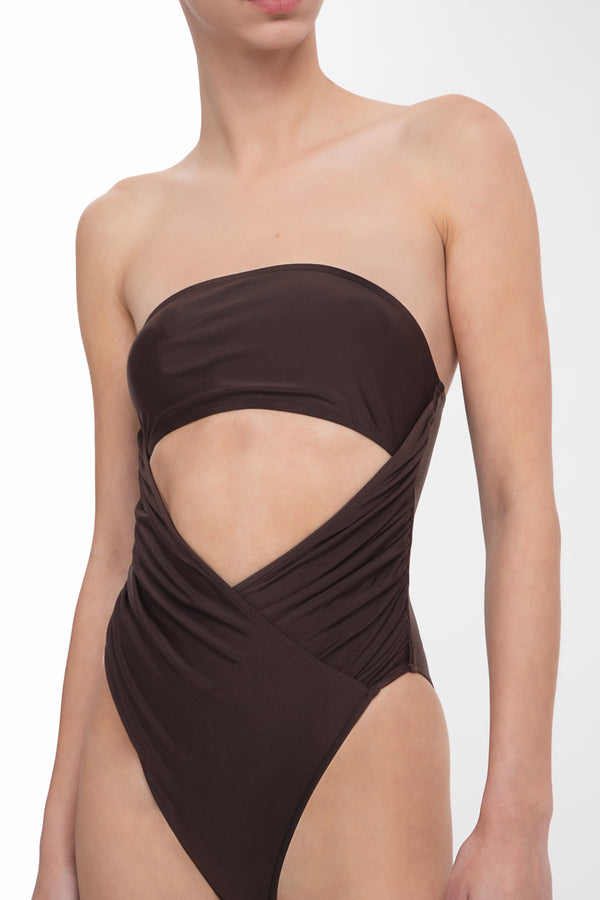 Adriana Degreas Solid Dark Brown High-Leg Strapless Swimsuit