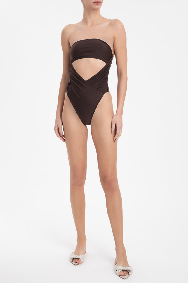 adriana degreas Solid Dark Brown High-Leg Strapless Swimsuit
