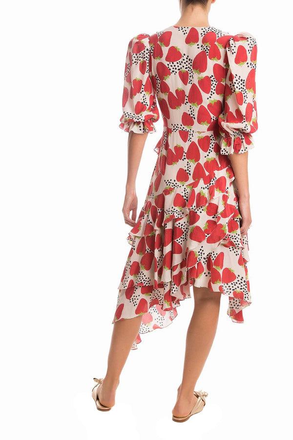 Adriana Degreas Strawberry Asymmetric Midi Dress With Ruffles