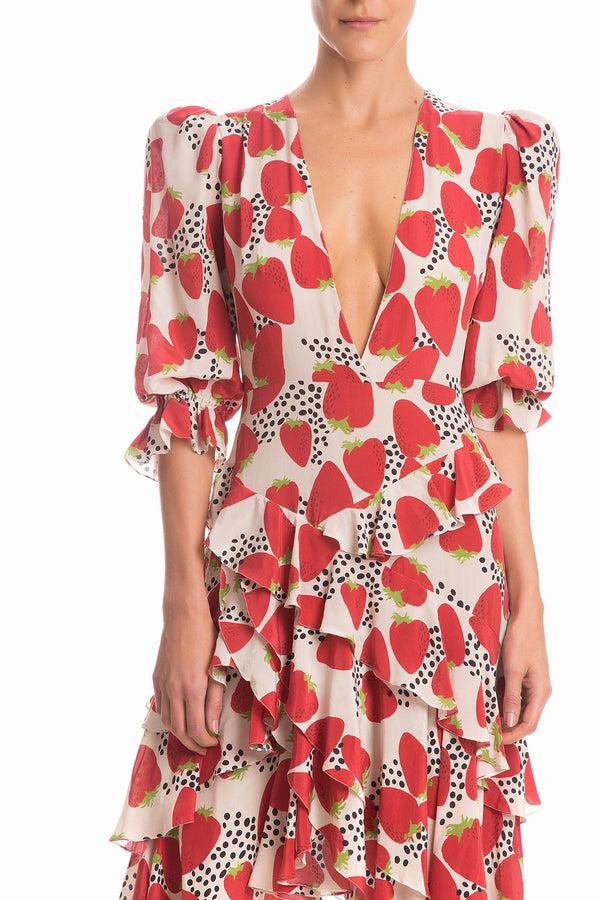 Adriana Degreas Strawberry Asymmetric Midi Dress With Ruffles