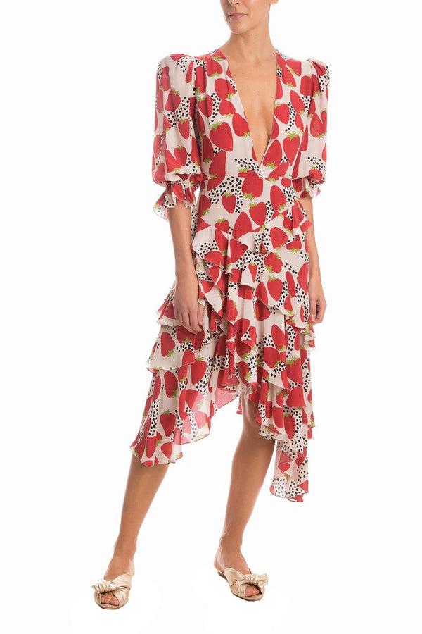 adriana degreas Strawberry Asymmetric Midi Dress With Ruffles
