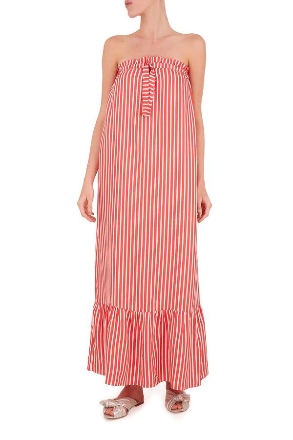 Adriana Degreas Striped Strapless Midi Dress With Ruffles