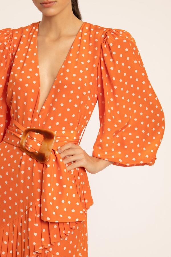 Adriana Degreas Tangerine Pois Puff-sleeved Short Dress With Belt