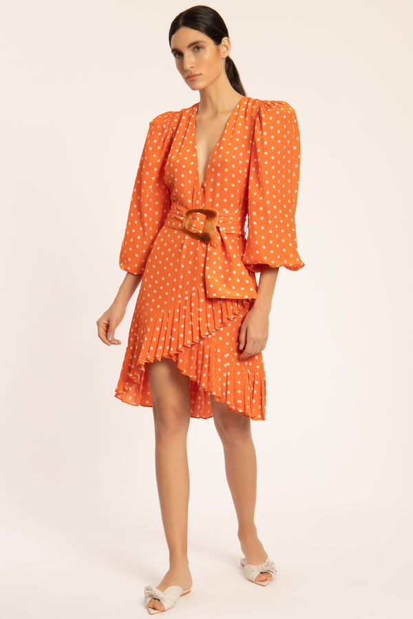 Adriana Degreas Tangerine Pois Puff-sleeved Short Dress With Belt