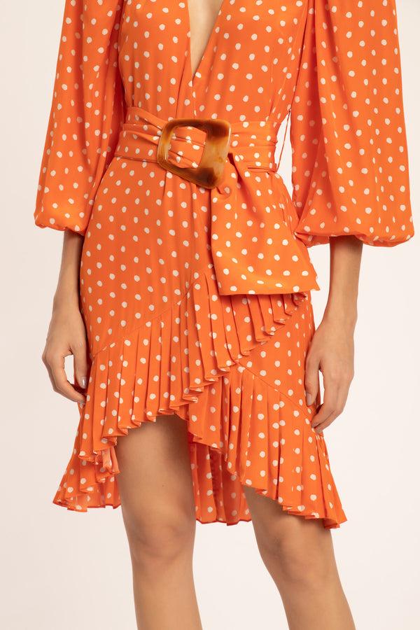 Adriana Degreas Tangerine Pois Puff-sleeved Short Dress With Belt