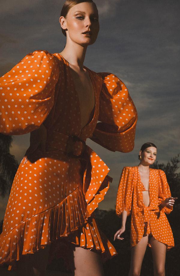 adriana degreas Tangerine Pois Puff-sleeved Short Dress With Belt