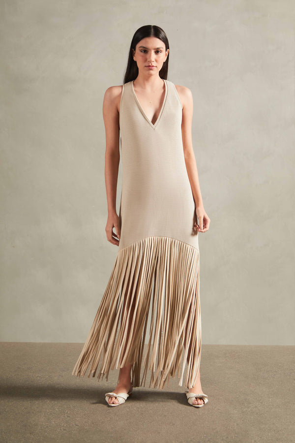 Adriana Degreas Tricot Knit Long Dress With Fringes