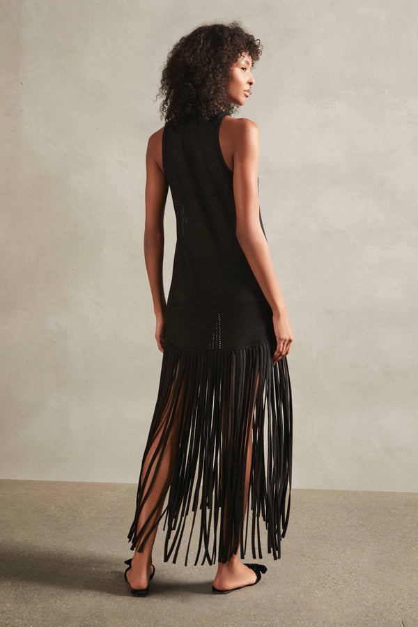 Adriana Degreas Tricot Knit Long Dress With Fringes