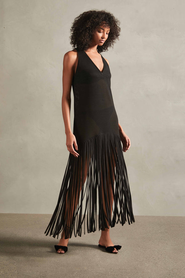 Adriana Degreas Tricot Knit Long Dress With Fringes