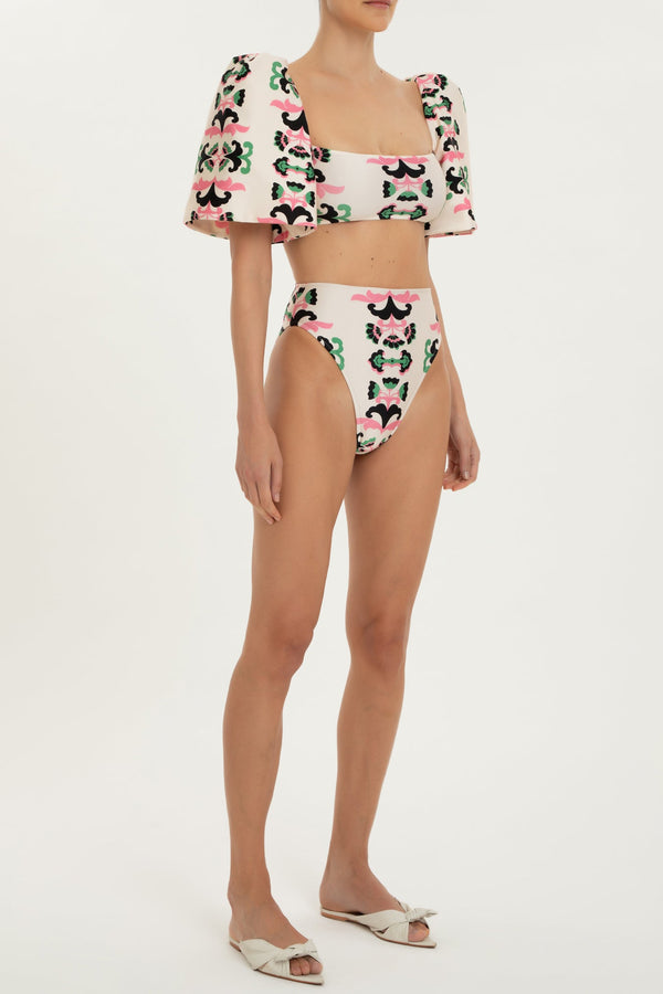 Adriana Degreas Twisted Flower High-leg Puff-sleeved Bikini
