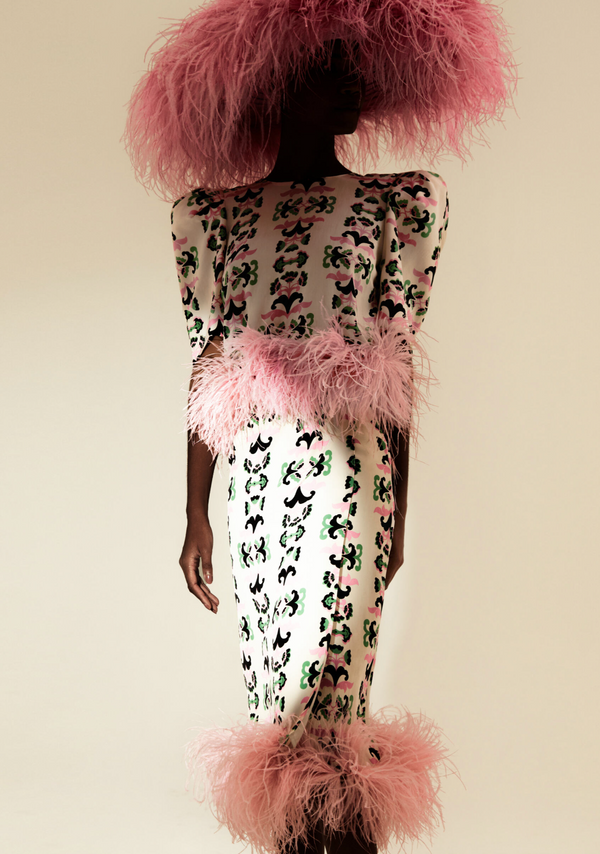 Adriana Degreas Twisted Flower Pareo Skirt With Feathers