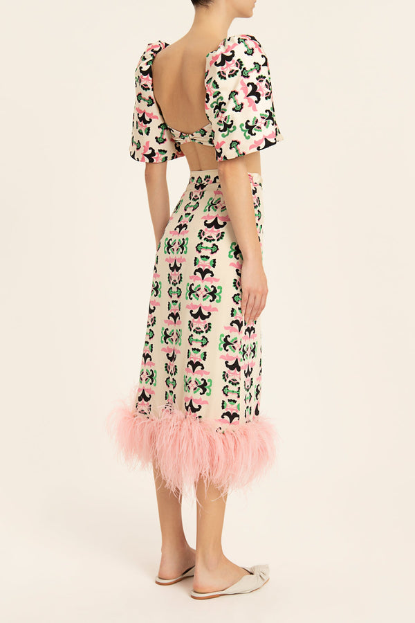 Adriana Degreas Twisted Flower Pareo Skirt With Feathers