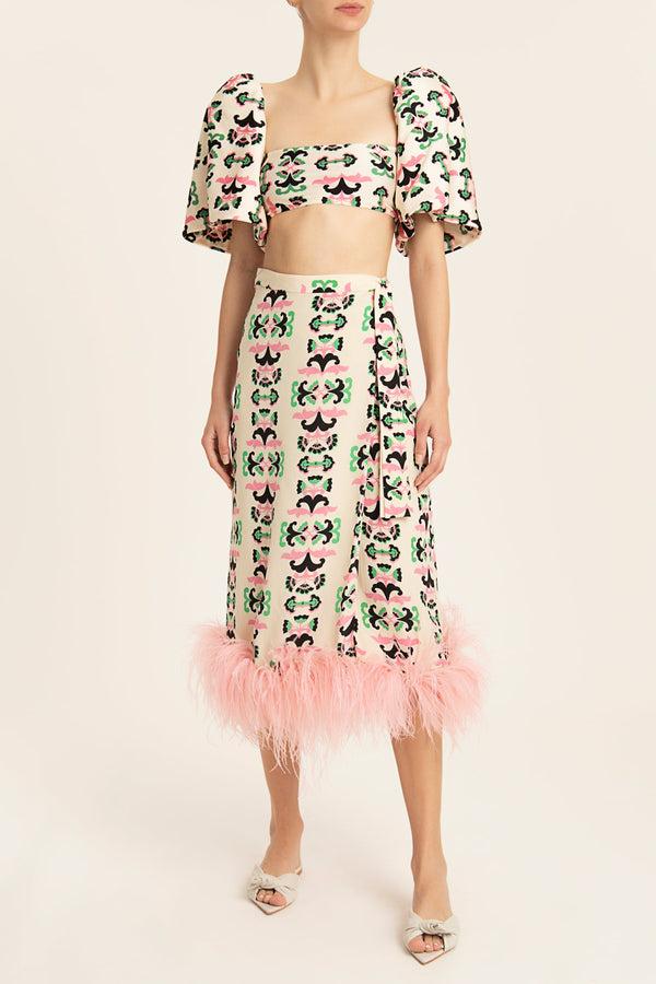 adriana degreas Twisted Flower Pareo Skirt With Feathers