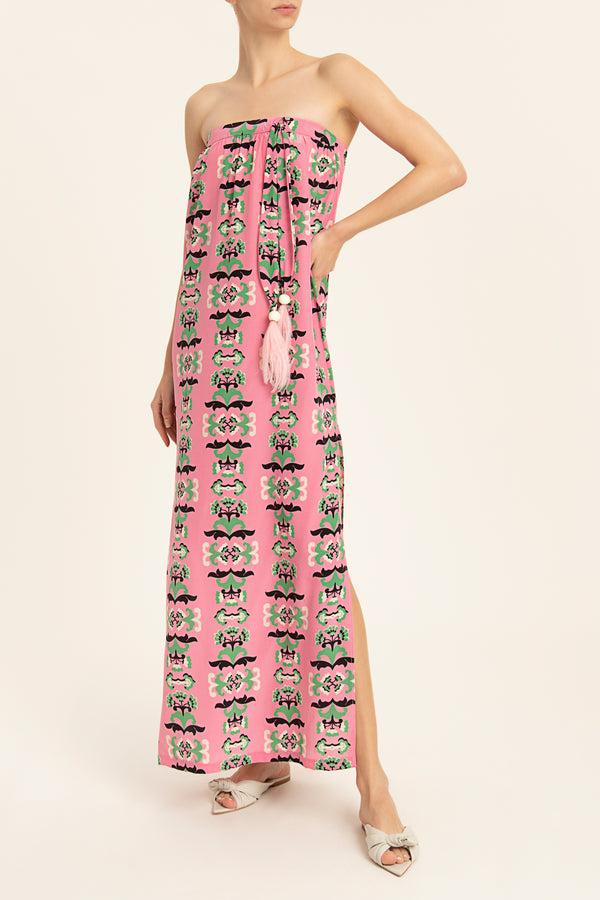 Adriana Degreas Twisted Flower Strapless Long Dress With Feathers