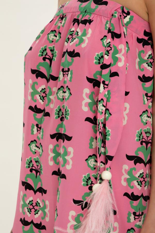 Adriana Degreas Twisted Flower Strapless Long Dress With Feathers