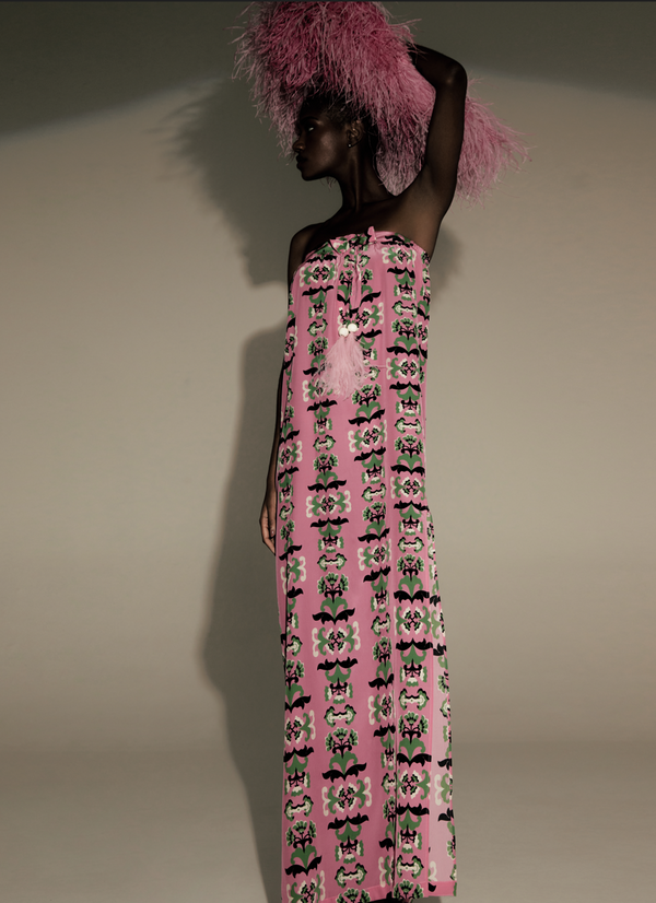 adriana degreas Twisted Flower Strapless Long Dress With Feathers