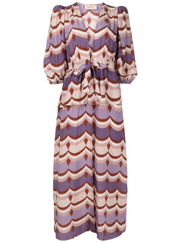 Adriana Degreas Vintage Waves Puff-Sleeved Peplum Long Robe