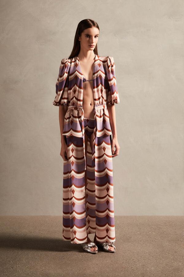 adriana degreas Vintage Waves Puff-Sleeved Peplum Long Robe