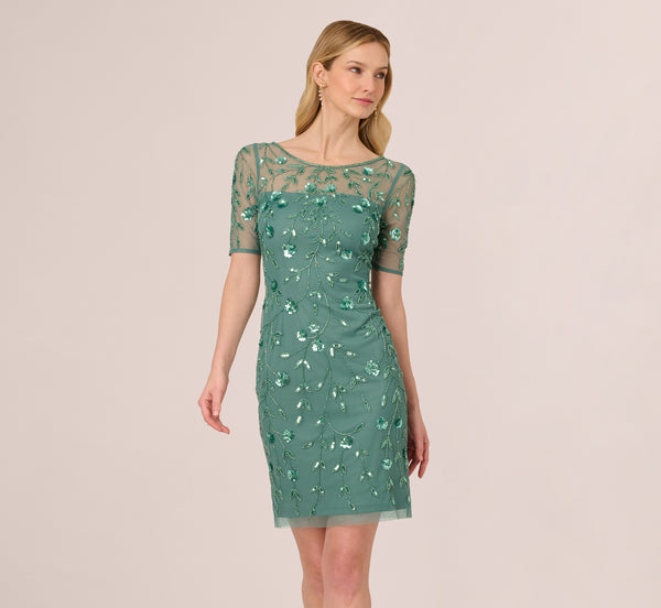 Adrianna Papell 3D Floral Beaded Dress With Sheer Short Sleeves In Green Slate