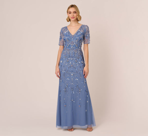 Adrianna Papell 3D Floral Beaded Mermaid Gown With Sheer Short Sleeves In French Blue