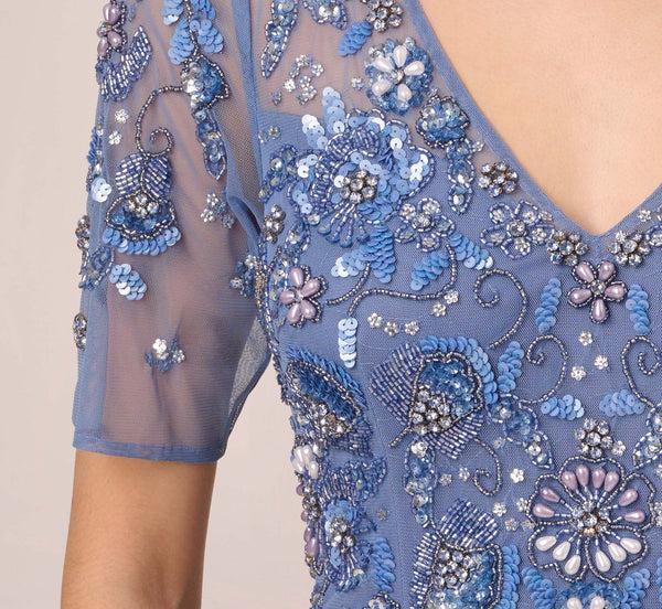Adrianna Papell 3D Floral Beaded Mermaid Gown With Sheer Short Sleeves In French Blue