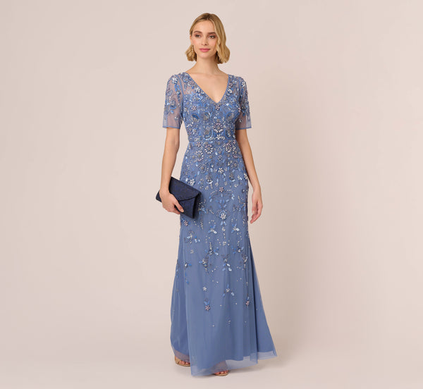 adrianna papell 3D Floral Beaded Mermaid Gown With Sheer Short Sleeves In French Blue