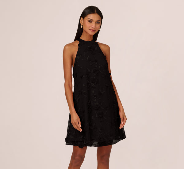 Adrianna Papell 3D Floral Embroidered Trapeze Dress With Open Bow Back In Black