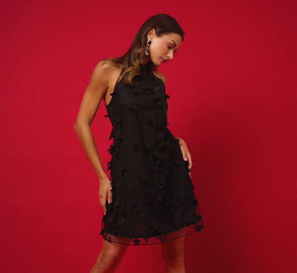 adrianna papell 3D Floral Embroidered Trapeze Dress With Open Bow Back In Black