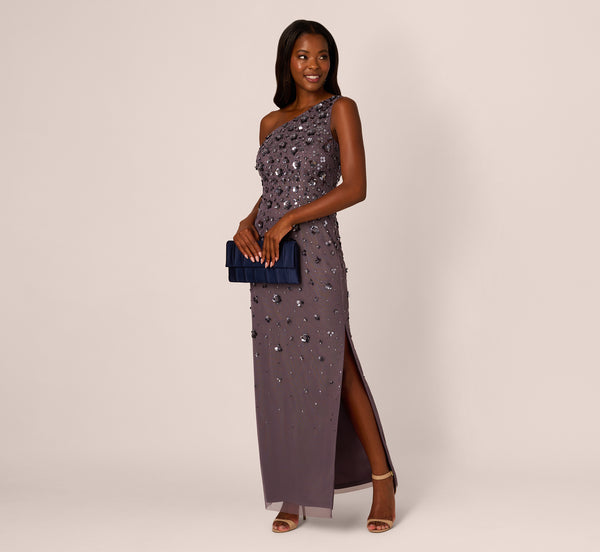 Adrianna Papell 3D Floral Hand-Beaded One-Shoulder Long Column Gown In Moonscape