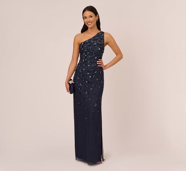 Adrianna Papell 3D Floral Hand-Beaded One-Shoulder Long Column Gown In Dusty Navy