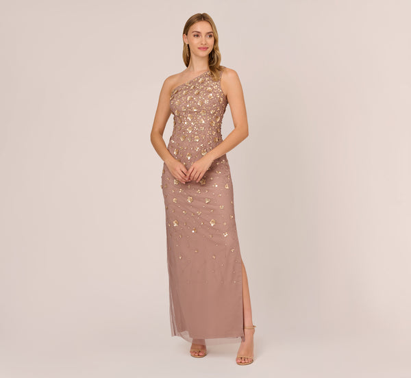 Adrianna Papell 3D Floral Hand-Beaded One-Shoulder Long Column Gown In Stone