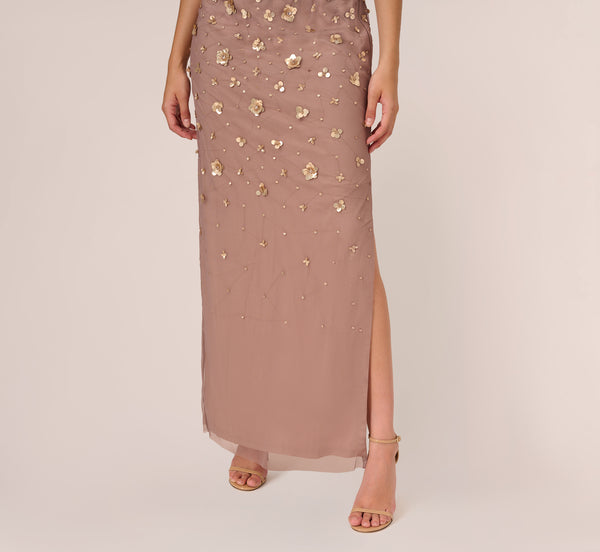 Adrianna Papell 3D Floral Hand-Beaded One-Shoulder Long Column Gown In Stone