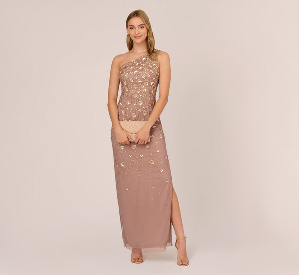 adrianna papell 3D Floral Hand-Beaded One-Shoulder Long Column Gown In Stone