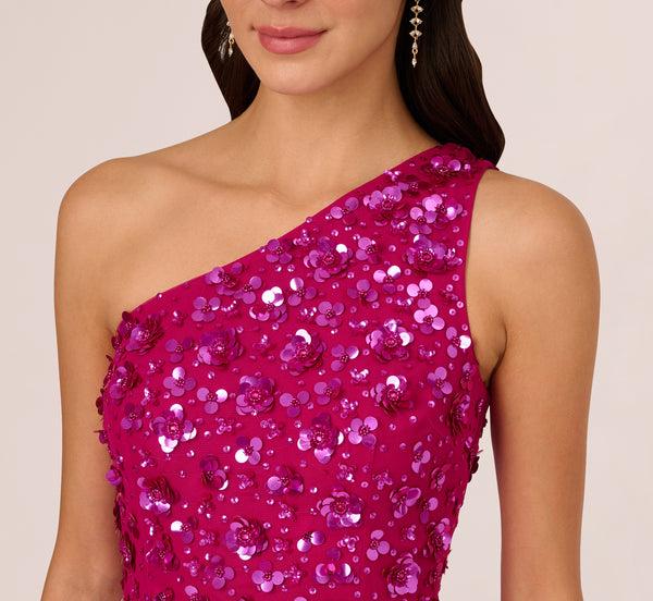Adrianna Papell 3D Floral Hand-Beaded One-Shoulder Long Column Gown In Hot Orchid