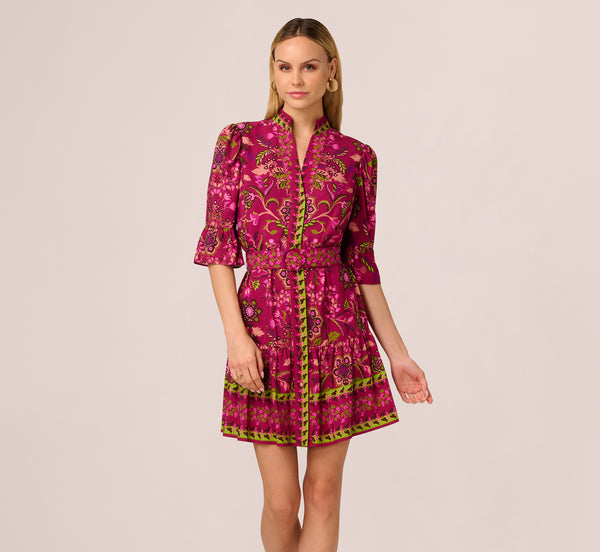 Adrianna Papell Abstract Print Button Down Dress With Three Quarter Bell Sleeves In Burgundy Multi