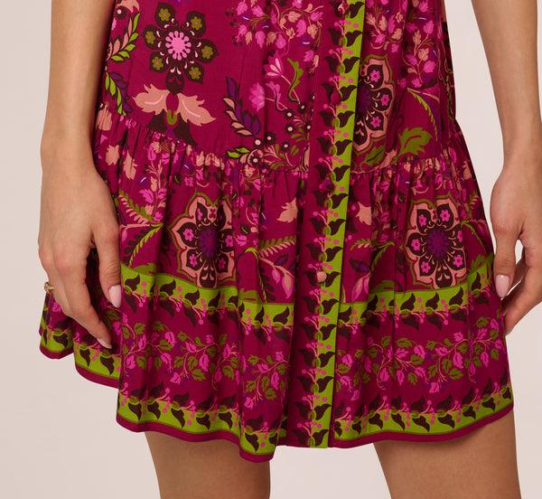 Adrianna Papell Abstract Print Button Down Dress With Three Quarter Bell Sleeves In Burgundy Multi
