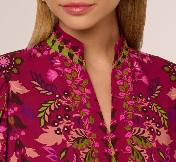Adrianna Papell Abstract Print Button Down Dress With Three Quarter Bell Sleeves In Burgundy Multi