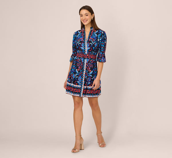 Adrianna Papell Abstract Print Button Down Dress With Three Quarter Bell Sleeves In Navy Multi