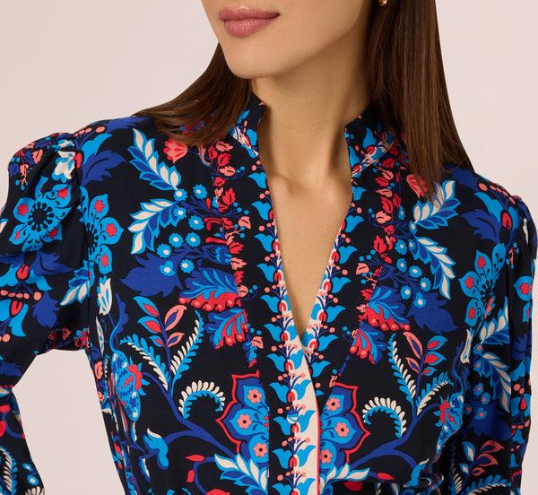 Adrianna Papell Abstract Print Button Down Dress With Three Quarter Bell Sleeves In Navy Multi