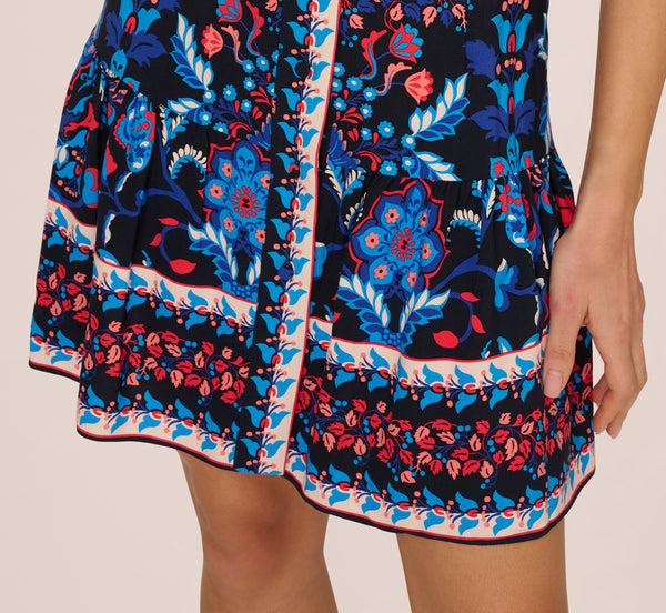 Adrianna Papell Abstract Print Button Down Dress With Three Quarter Bell Sleeves In Navy Multi