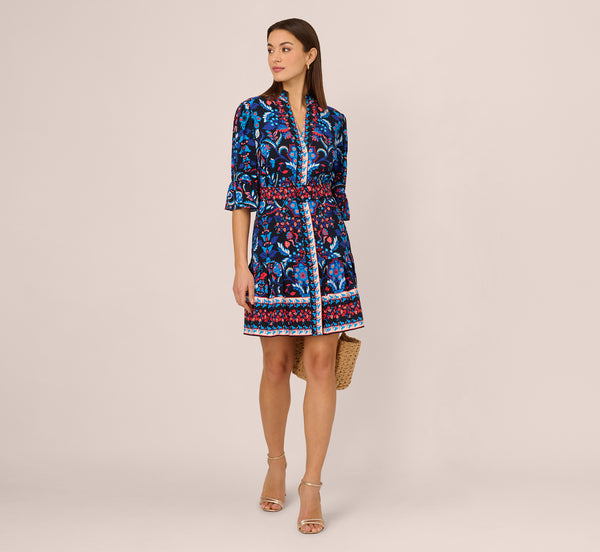 adrianna papell Abstract Print Button Down Dress With Three Quarter Bell Sleeves In Navy Multi