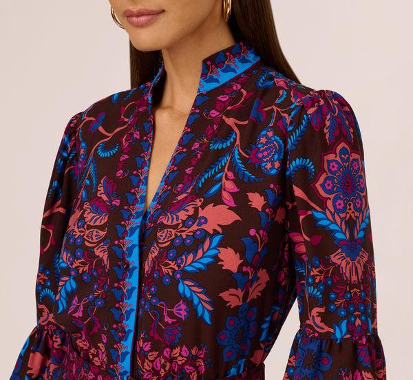 Adrianna Papell Abstract Print Button Down Dress With Three Quarter Bell Sleeves In Brown Multi