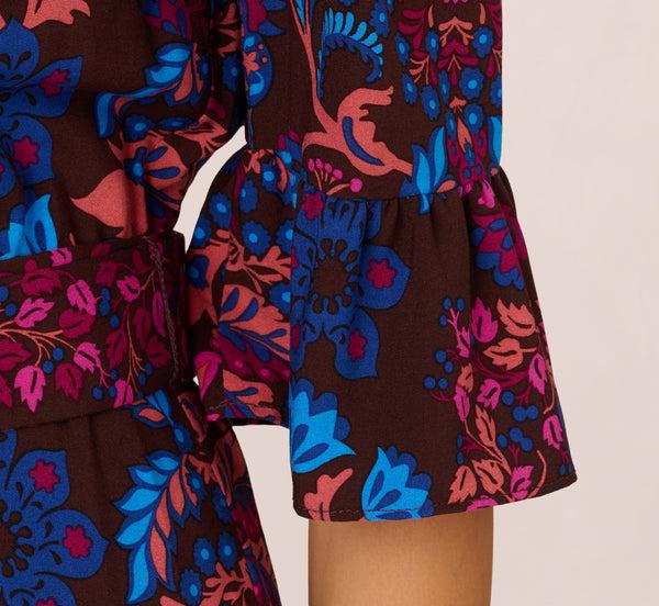 Adrianna Papell Abstract Print Button Down Dress With Three Quarter Bell Sleeves In Brown Multi