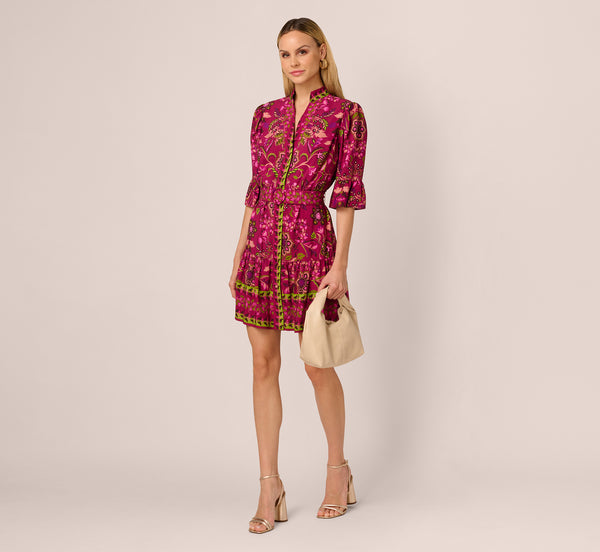 adrianna papell Abstract Print Button Down Dress With Three Quarter Bell Sleeves In Burgundy Multi
