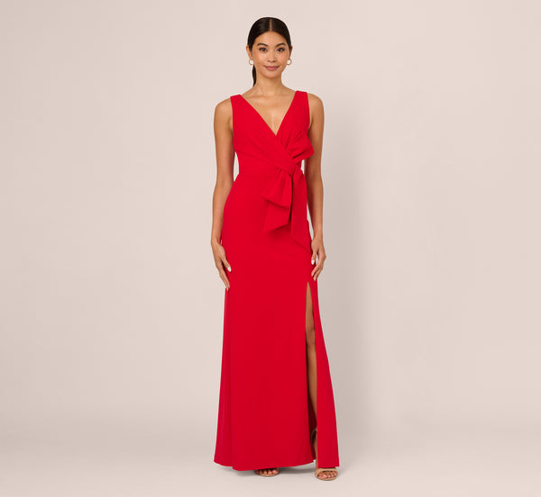 Adrianna Papell Bow Front Crepe Gown In Super Red
