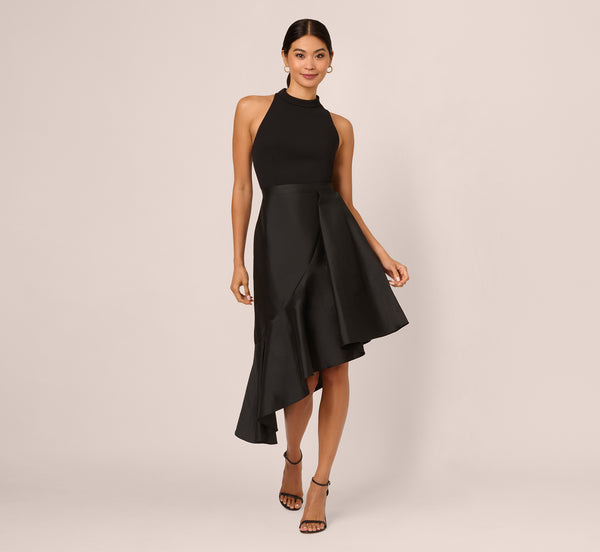 Adrianna Papell Crepe Combo Taffeta Dress In Black